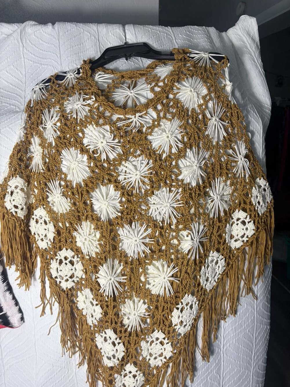 Handmade Crochet Fringe Poncho Brown and White Floral Motif